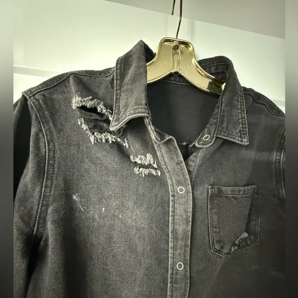 Distressed Black Denim Button Down - Picture 4 of 4